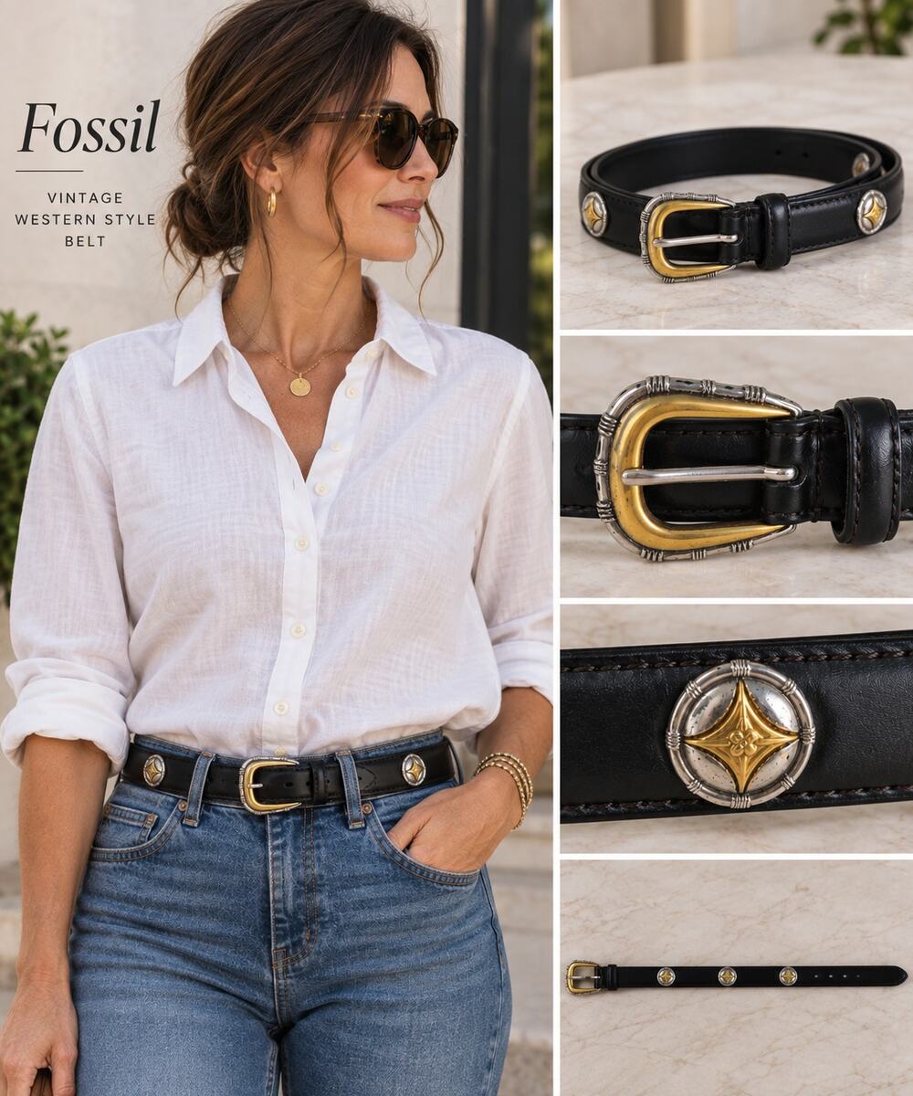 Vintage Fossil Black Leather Concho Belt Womens M Western Y2K 34"